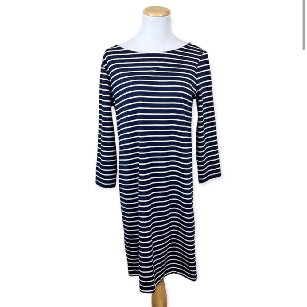 GAP Navy Striped Ponte Boatneck Dress SMALL Nautical 3/4 Sleeve Shift Zipper